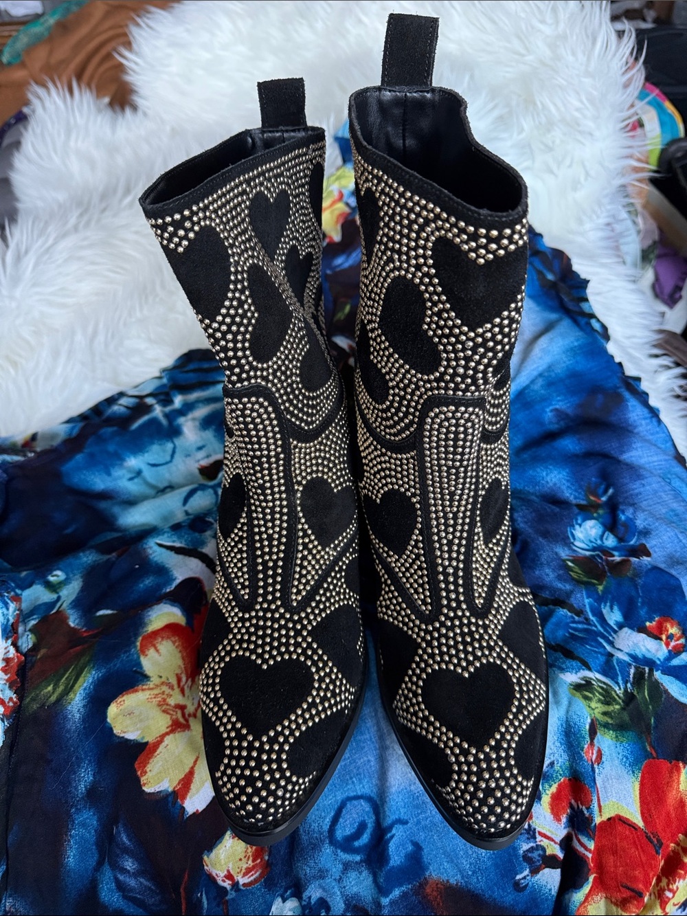 Moschino Black Suede Ankle Boots with Gold Stud Hearts